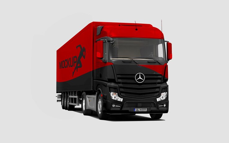 PSD um caminhão vermelho e preto com a palavra mercedes na frente