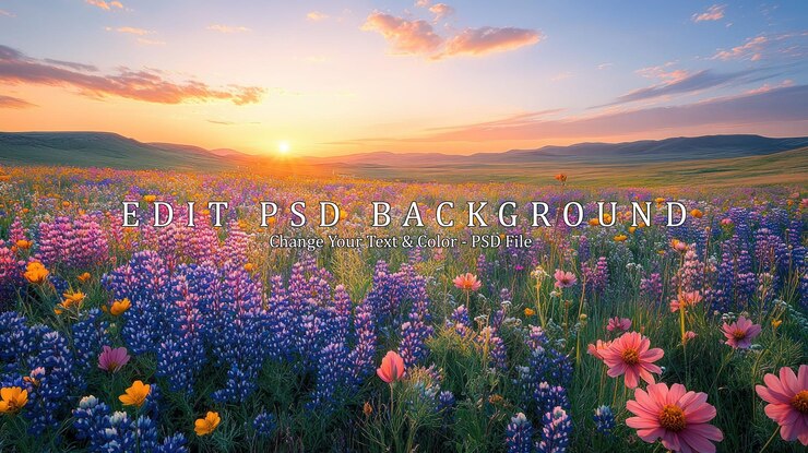 PSD um campo vibrante de flores silvestres floresce sob um céu de pôr-do-sol de tirar o fôlego, criando uma paisagem pitoresca de beleza natural