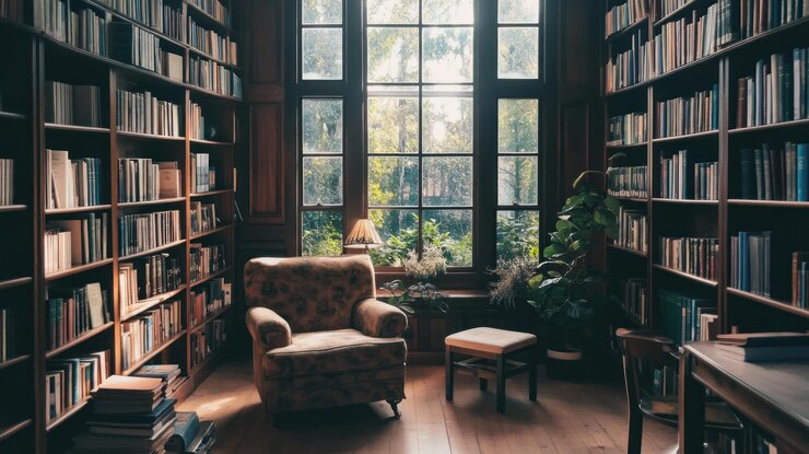 PSD um canto aconchegante de leitura em uma biblioteca com uma grande poltrona de janela e estantes cheias de livros