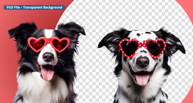 Um cão bonito, um Border Collie com óculos de sol em forma de coração.
