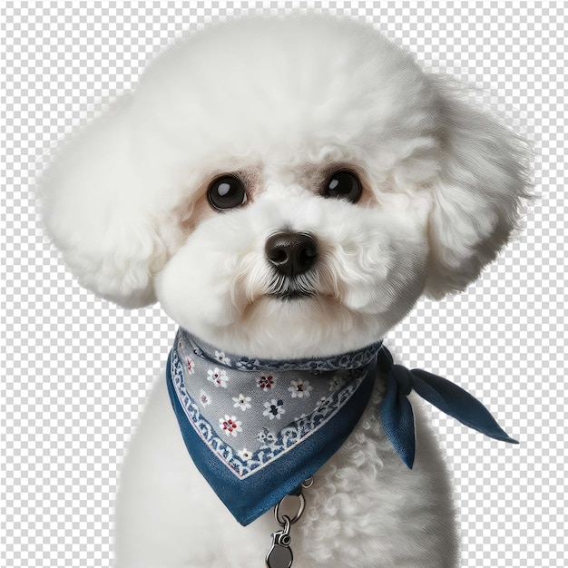 PSD um cão branco com uma bandana azul no pescoço