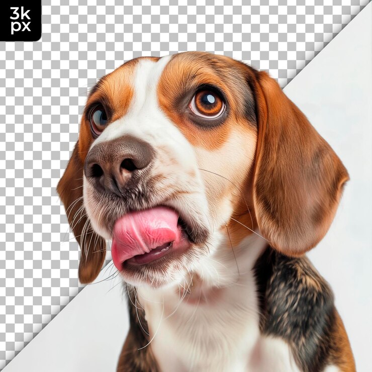 PSD um cão com a língua fora e a câmera está no fundo