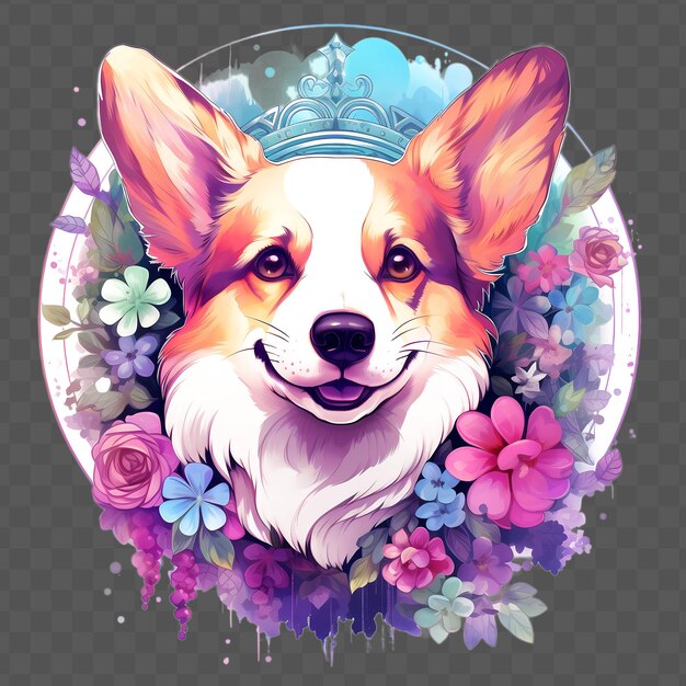 Um cão com flores e uma foto de um cão