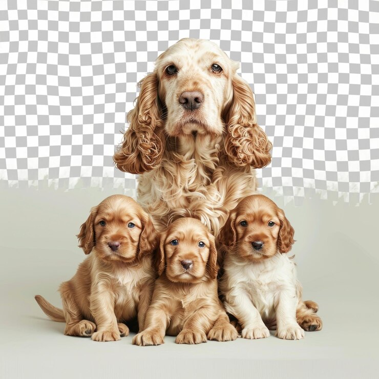 PSD um cão com quatro cachorros sentados um ao lado do outro
