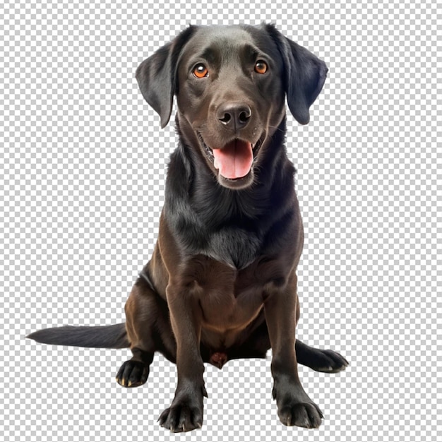 um cão com um colarinho preto senta-se em um fundo branco