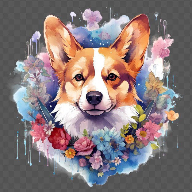 Um cão com um coração na boca e flores ao fundo