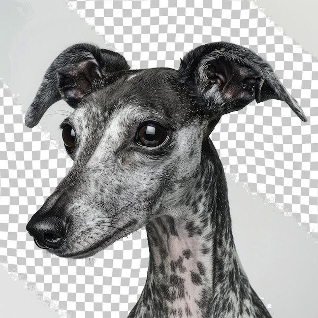 PSD um cão com um nariz preto e um fundo branco com um padrão manchado preto e branco
