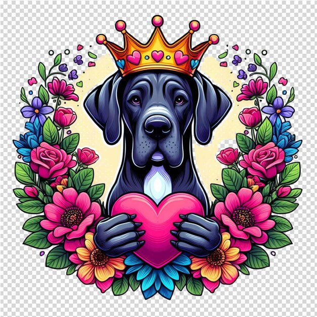 PSD um cão com uma coroa no meio de um coração com flores e um cão com um coração no meio