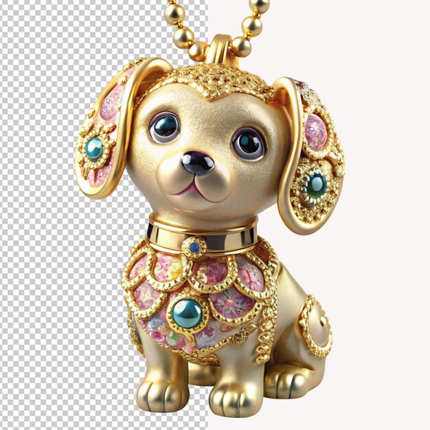 PSD um cão dourado com um colar de ouro e contas cor-de-rosa nele