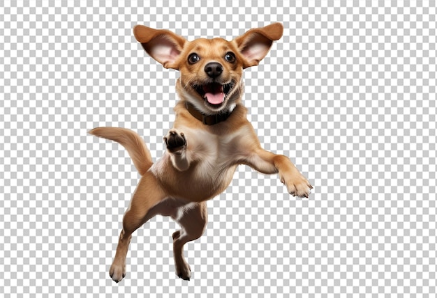 Um cão feliz saltando no ar em um fundo transparente