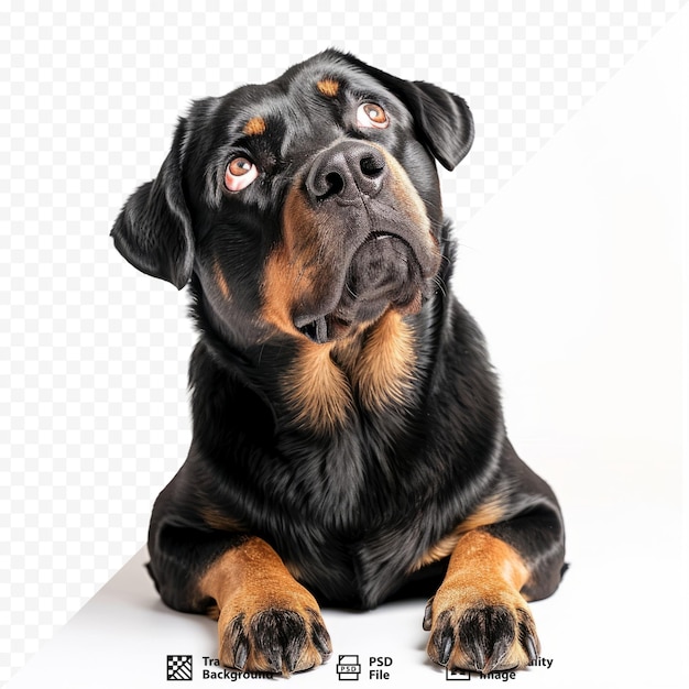 PSD um cão rottweiler engraçado olhando para cima e julgando enquanto se deita e posa em frente a um fundo branco isolado no estúdio