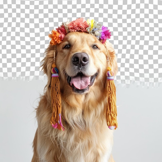 PSD um cão usando uma peruca e uma faixa colorida