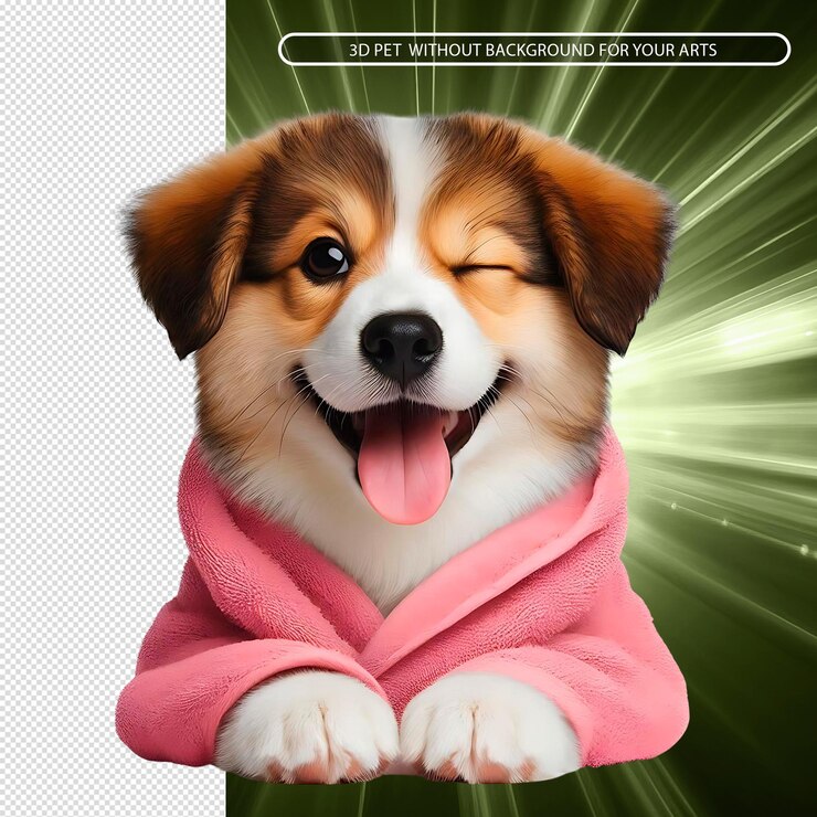 PSD um cão vestindo um roupão de banho rosa com a língua saindo