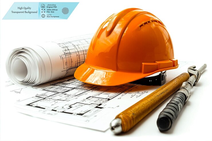 PSD um capacete de trabalhadores de construção senta-se em um pedaço de papel com um lápis e uma régua