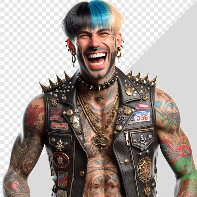 PSD um cara de punk rock colorido de moda com rosto rindo retrato isolado fundo transparente