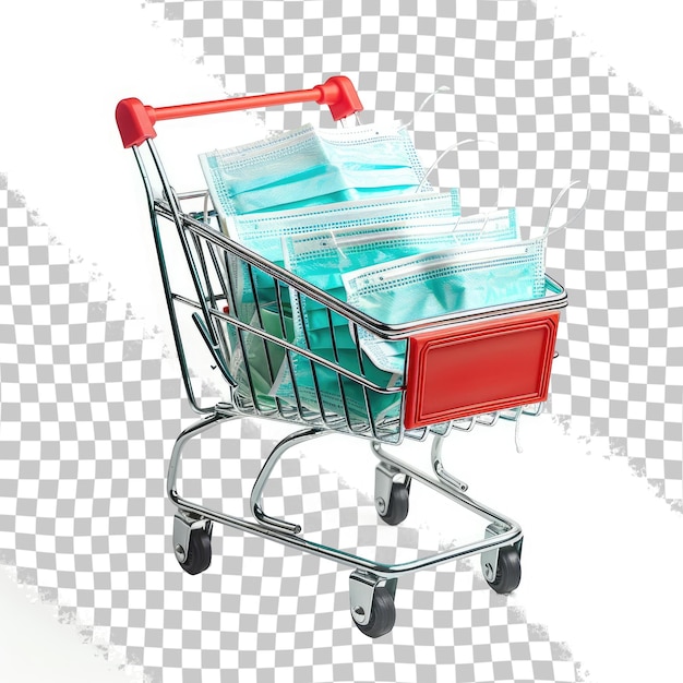 PSD um carrinho de compras com uma alça vermelha e um saco de plástico vermelho nele