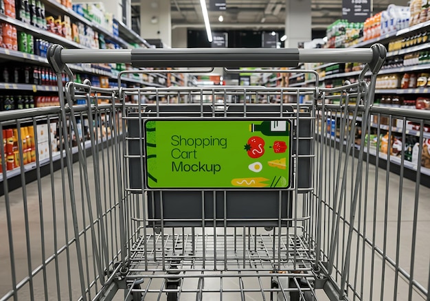 Um carrinho de compras num corredor de uma mercearia