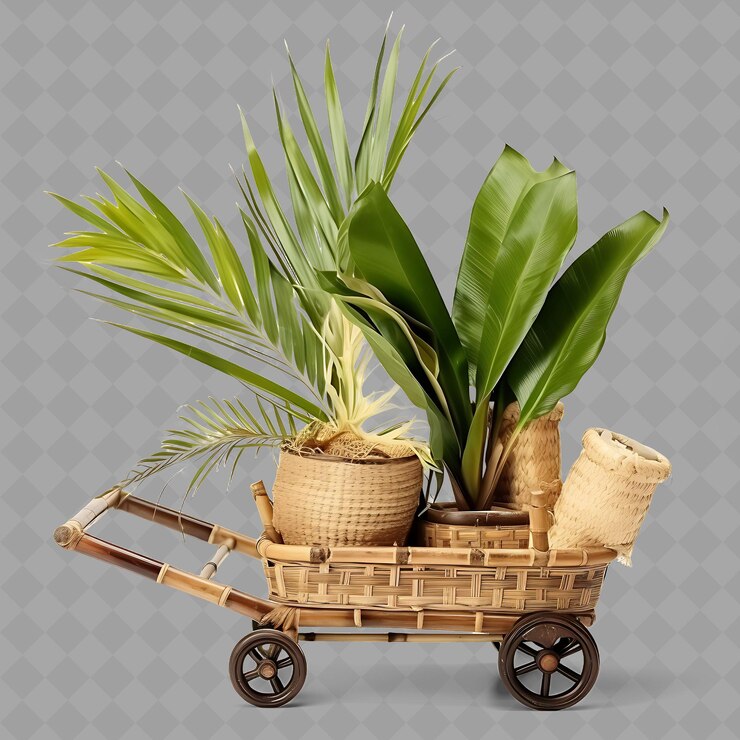 PSD um carrinho de madeira com uma planta no meio e uma cesta com uma alça que diz palmeiras