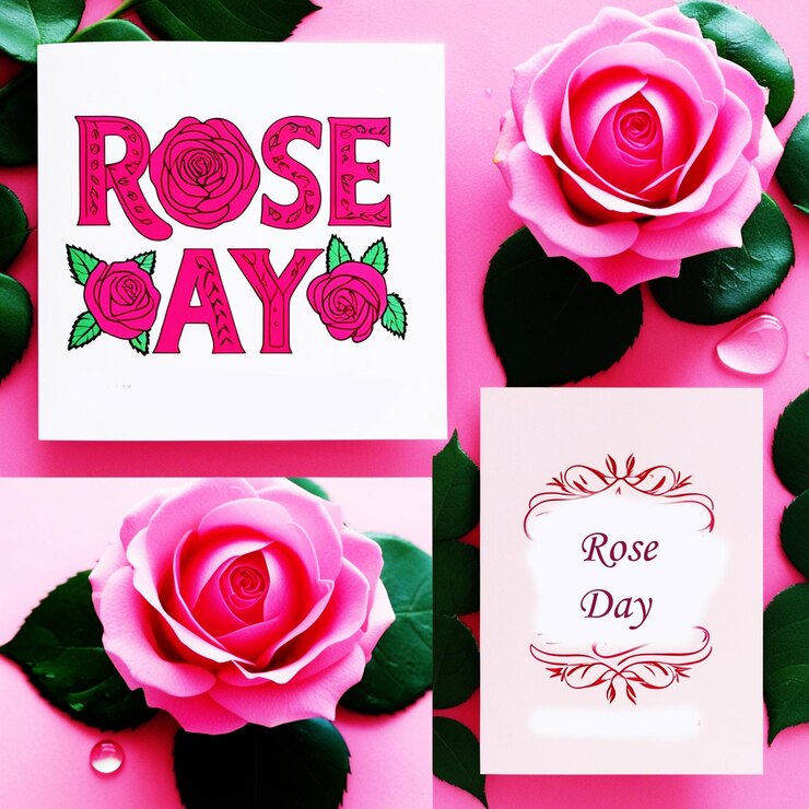 PSD um cartão com uma rosa rosa e folhas verdes com um cartão que diz "dia da rosa"