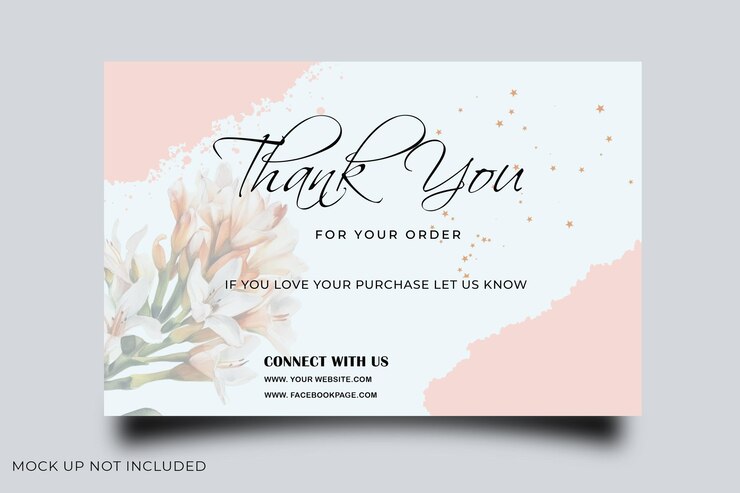 PSD um cartão de agradecimentos cor-de-rosa e azul com um design floral.