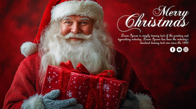 Um cartão de Natal com um Pai Natal segurando um presente