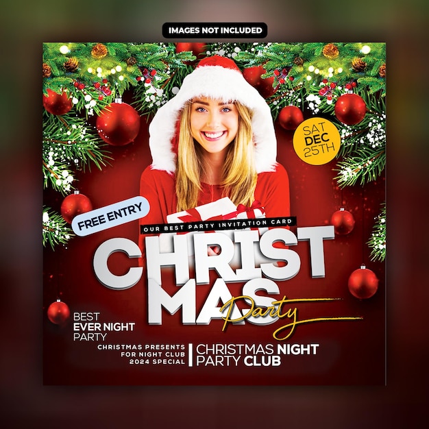 um cartão de Natal com uma árvore de Natal e uma mulher vestindo um chapéu de Santa