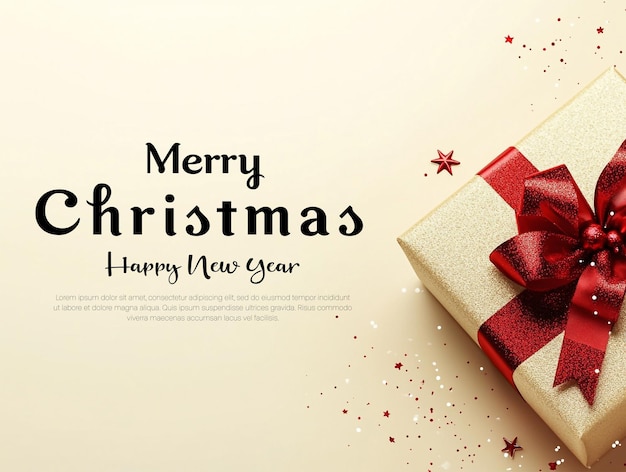 um cartão de Natal com uma fita vermelha e um laço