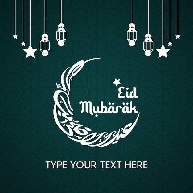Um cartão eid com um crescente e estrelas em um fundo escuro.