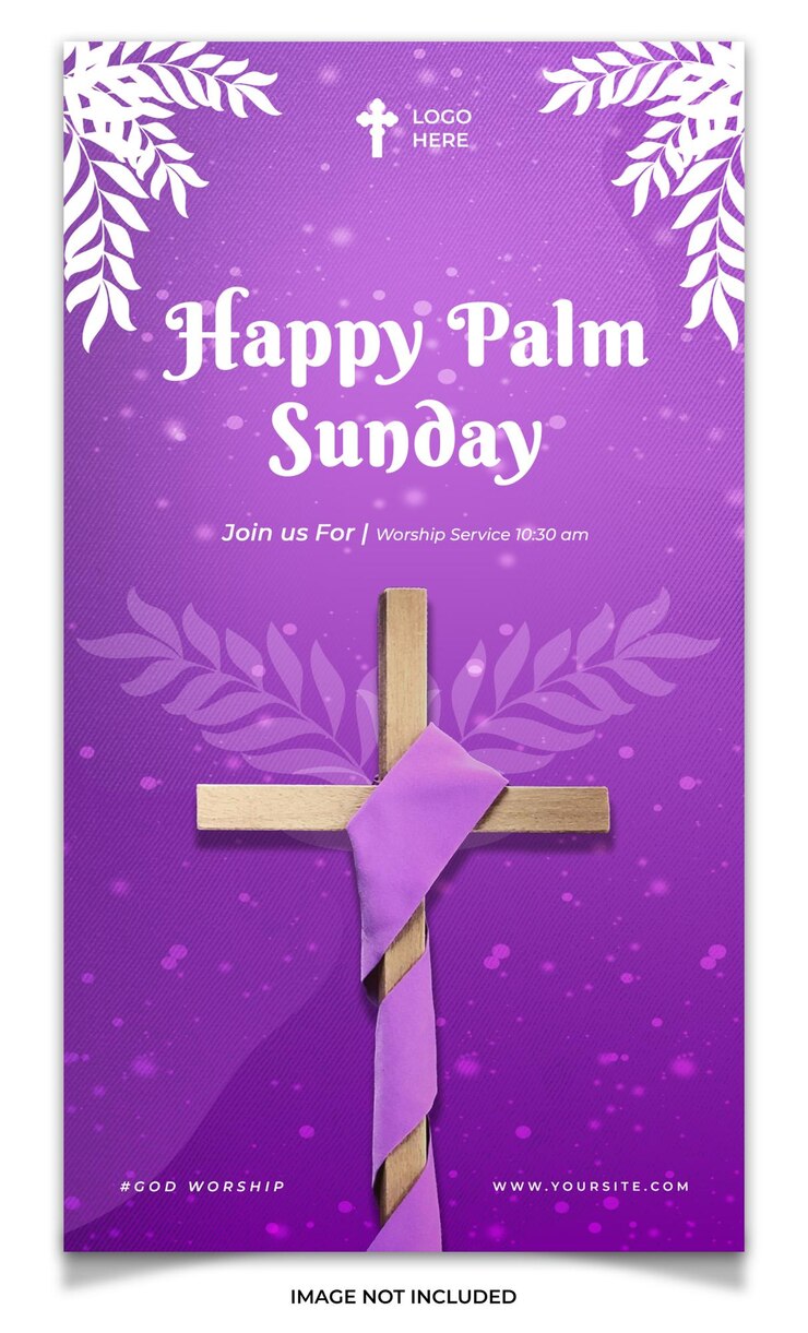 PSD um cartão roxo que diz feliz domingo de ramos