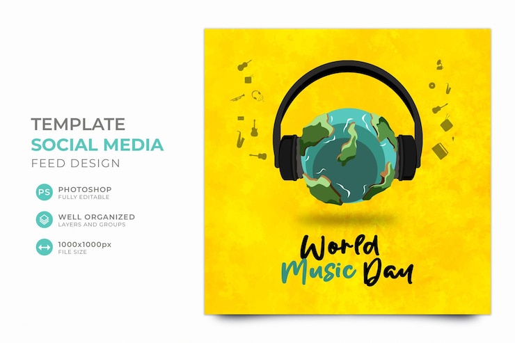PSD um cartaz amarelo com um dia mundial da música escrito nele.