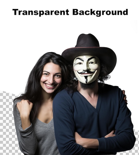 PSD um cartaz com um casal usando uma máscara de guy fawkes