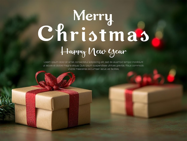 um cartaz de Feliz Natal com uma árvore de Natal ao fundo