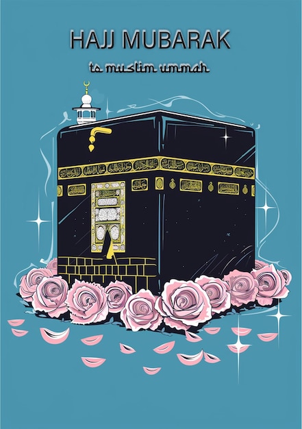 PSD um cartaz de hajj mubarak com a kaaba sagrada com rosas rosas nele