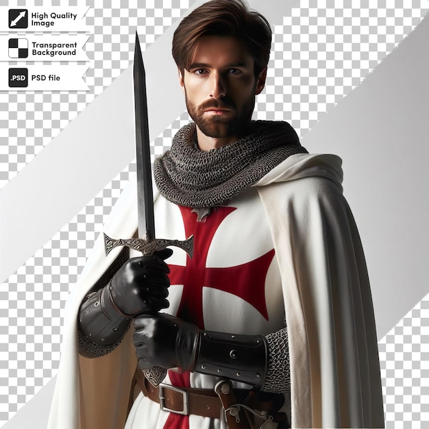 Um cartaz de um cavaleiro com uma espada na mão