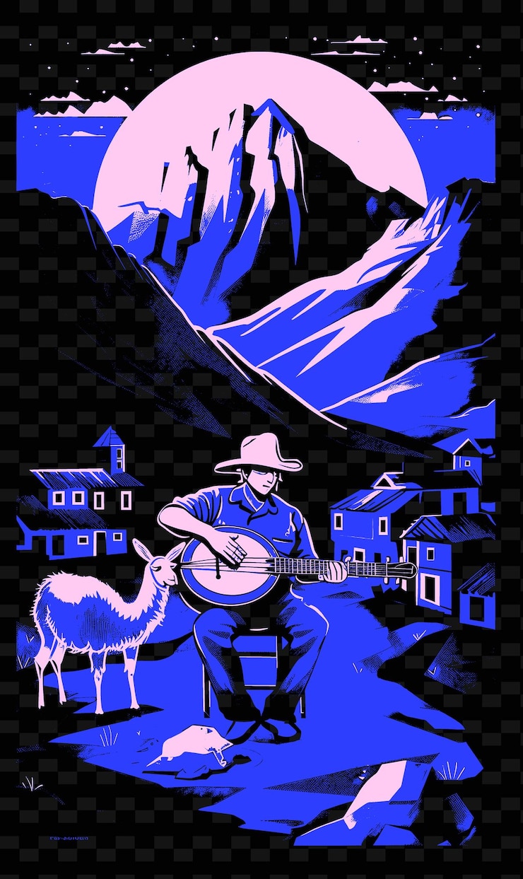 PSD um cartaz de um homem tocando guitarra e uma montanha ao fundo
