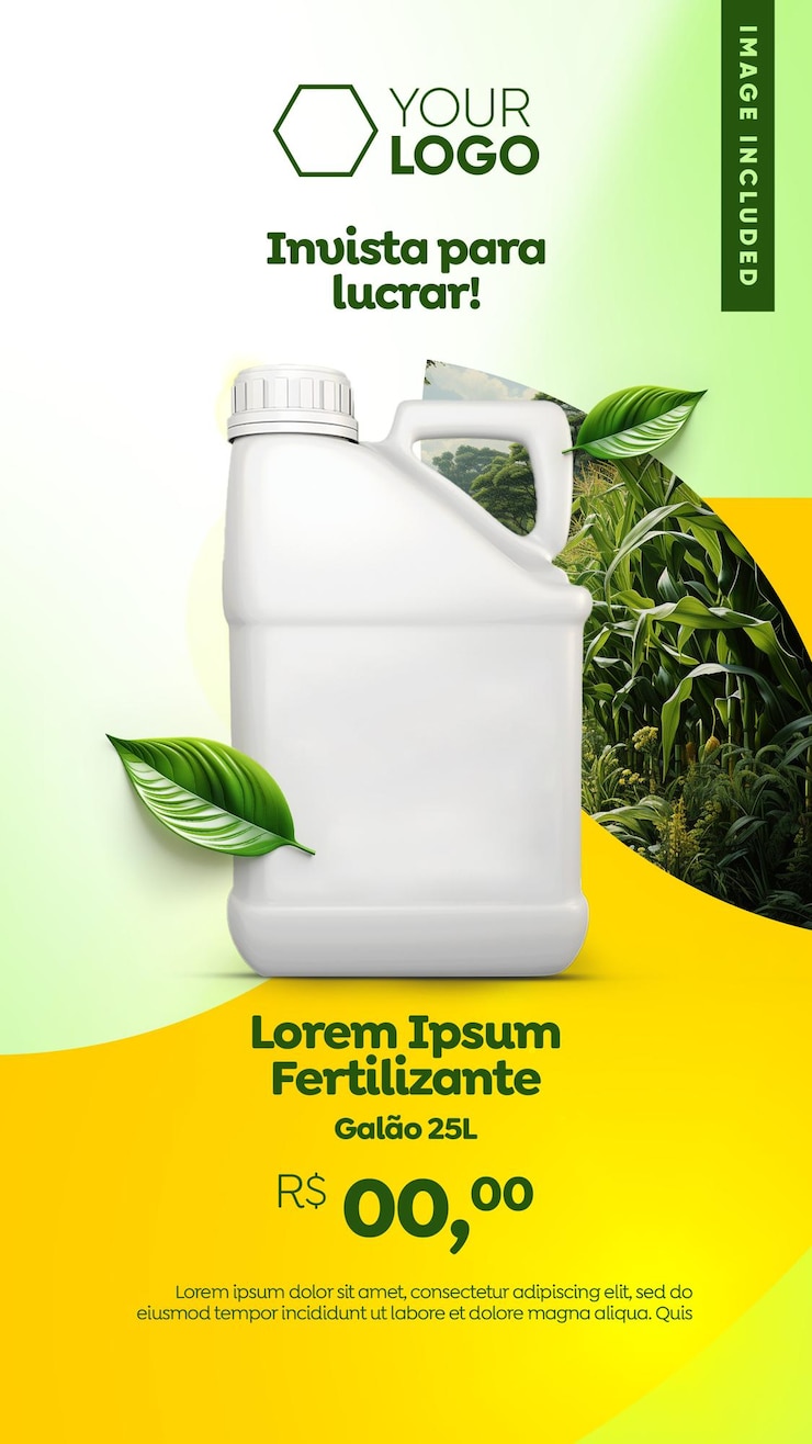 PSD um cartaz de uma garrafa de fertili com as palavras "composto natural" citado nele