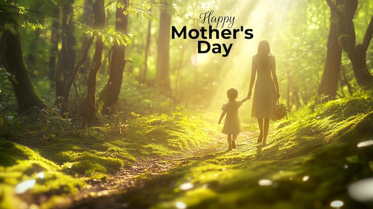 PSD um cartaz de uma mãe e uma criança caminhando na floresta com o texto feliz dia das mães