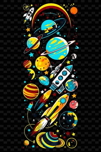 Um cartaz de uma nave espacial com planetas e espaçadores