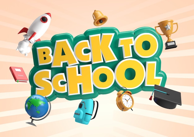 um cartaz de volta à escola com elementos escolares em 3D