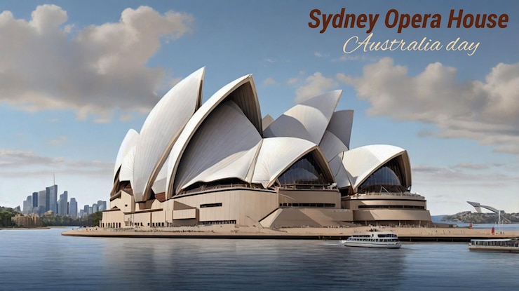 PSD um cartaz para a casa da ópera de sydney com um barco na água