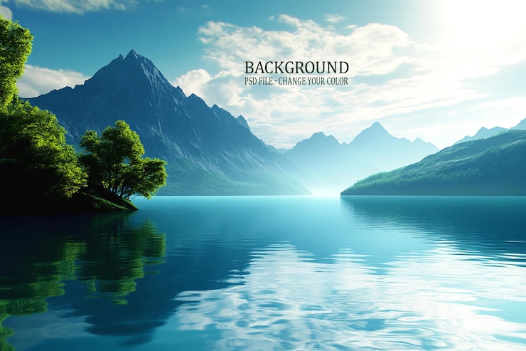PSD um cartaz para a parte de trás de um lago de montanha com uma floresta no fundo