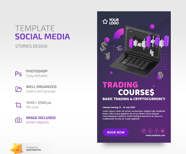 Um cartaz para cursos de negociação de mídia social anuncia modelo de banner para seu design