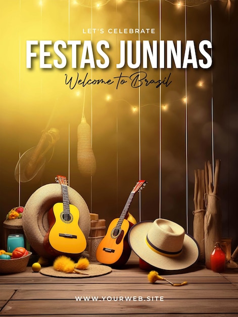 PSD um cartaz para festa junina com um violão e outros violões