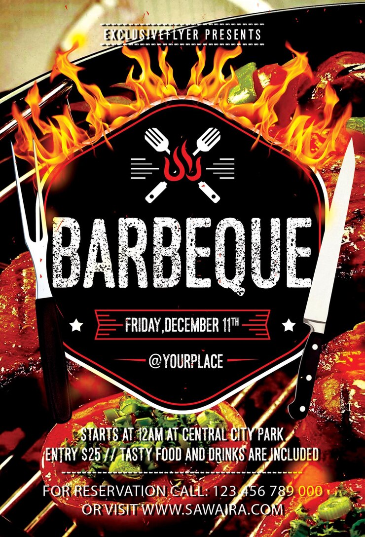 PSD um cartaz para grelha de churrasco com uma imagem de uma barra e faca
