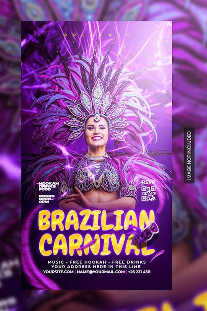 Um cartaz para o carnaval do brasil com uma mulher em uma fantasia de penas.