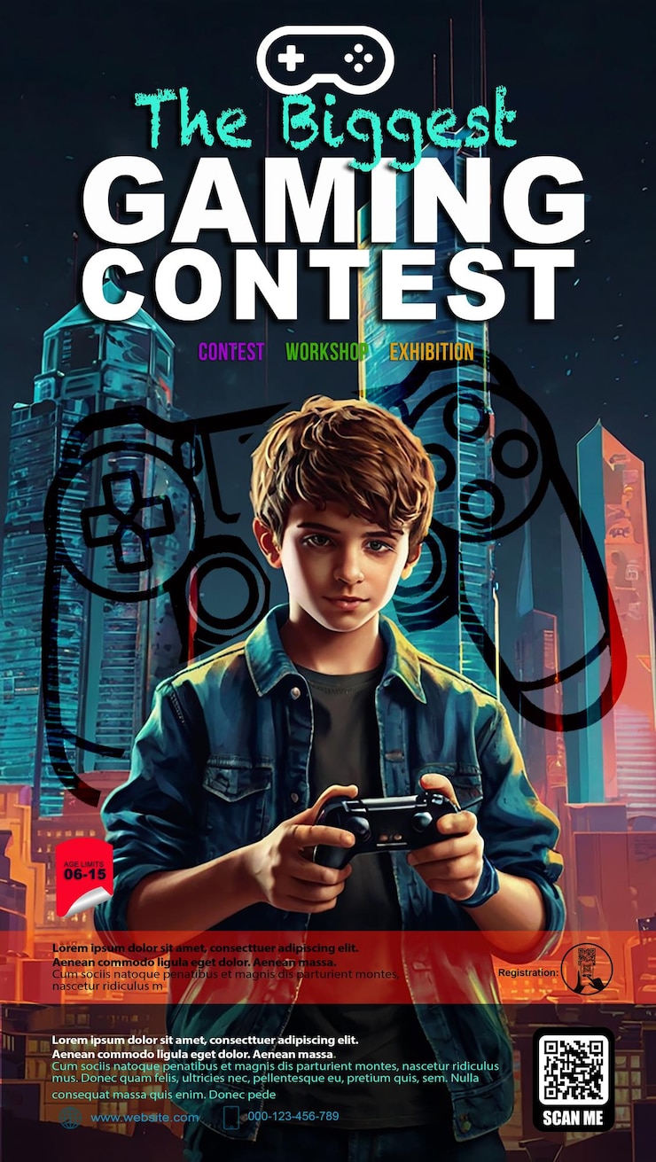 PSD um cartaz para o concurso de jogo com um menino jogando videogames