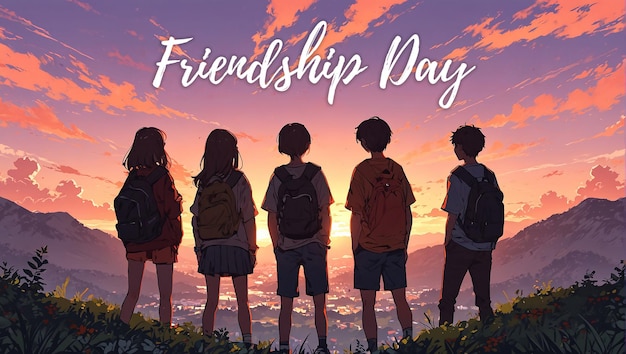 PSD um cartaz para o dia da amizade com um pôr-do-sol no fundo
