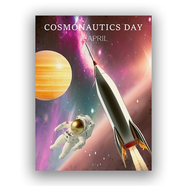 PSD um cartaz para o dia da cosmonáutica com um homem em um terno espacial e um foguete