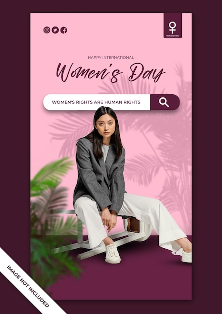 PSD um cartaz para o dia da mulher com uma mulher sentada em um degrau.