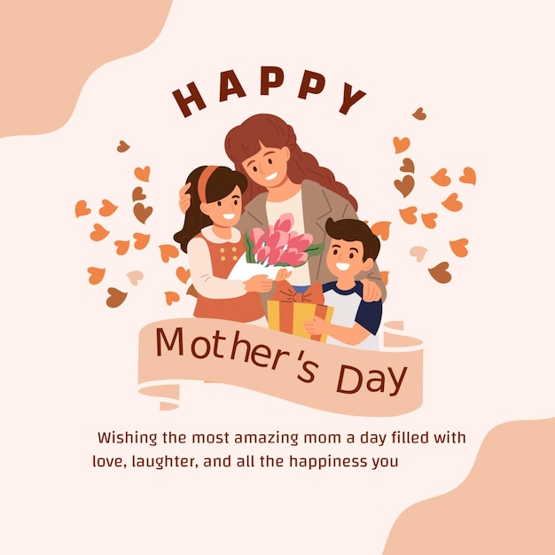 PSD um cartaz para o dia das mães dia feliz com uma mãe feliz e seus filhos